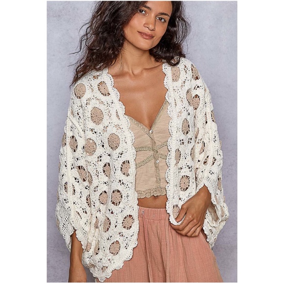 POL Chenille Open Front Loose Fit Crochet Batwing Sleeve Cardigan - Picture 3 of 5